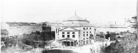 Az Erzs�bet t�r. K�z�pen az ideiglenes n�met sz�nh�z, 1867, Budapesti T�rt�neti M�zeum Kiscelli M�zeuma