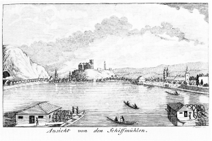 Pest l�tk�pe a haj�h�ddal, 1803, Gottfried Prixner metszete. Illusztr�ci� a Die Stadt Pest und ihre Gegen in Briefen won einem Fremden c�m� k�tethez