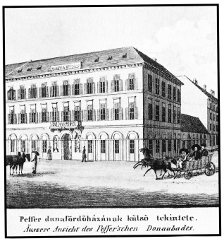 A Duna f�rd�, 1837, Carlo Pino Vasquez t�rk�p�t d�sz�t� sz�nezett litogr�fia, Magyar Nemzeti M�zeum T�rt�neti K�pcsarnoka