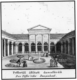A Duna f�rd� bels� udvara, 1837, Carlo Pino Vasquez t�rk�p�t d�sz�t� sz�nezett litogr�fia, Magyar Nemzeti M�zeum T�rt�neti K�pcsarnoka