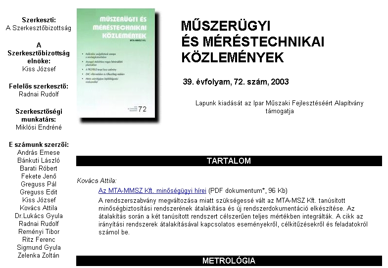 M�szer�gyi �s M�r�stechnikai K�zlem�nyek
