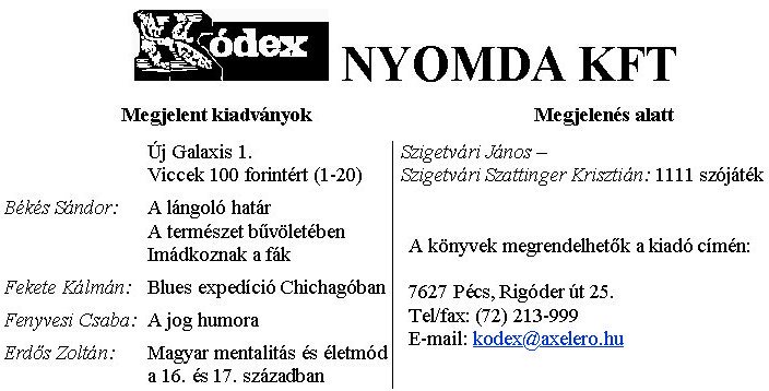 Szponzorok oldala (K�DEX Nyomda Kft.) -- �J GALAXIS 2. sz�m