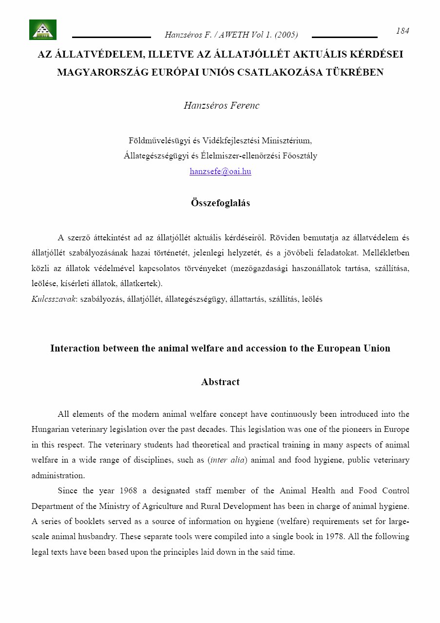 Animal welfare, etol�gia �s tart�stechnol�gia 2006.12.11.