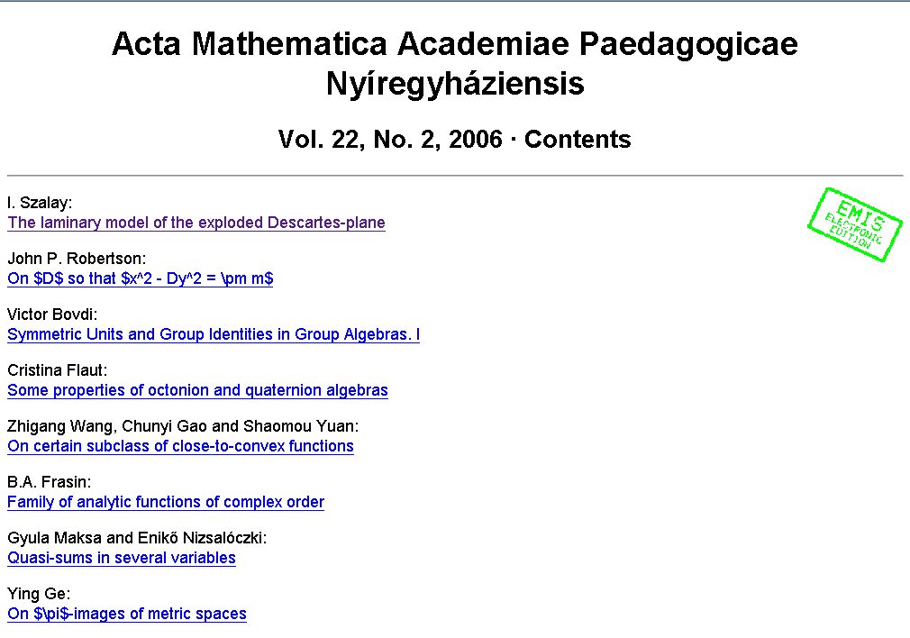 Acta mathematica Academiae Paedagogicae Ny�regyh�ziensis 2007-01-15