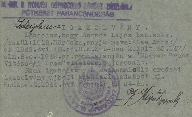 Magyar Bronz Vit�zs�gi �rem ideiglenes igazolv�nya