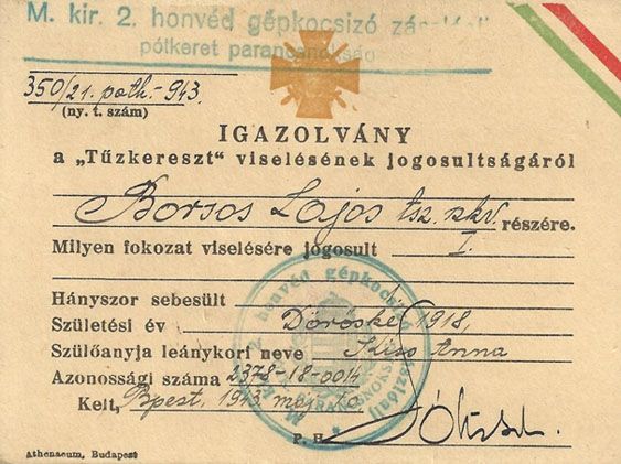 T�zkereszt I. fokozat�nak igazolv�nyaa