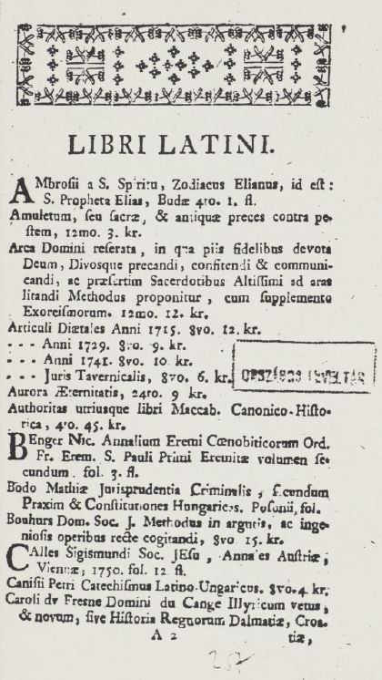 Catalogus librorum, qui apud Joannem Michaelem Landerer, civem & typographum Posoniensem, penes portam piscatoriam ... venales prostant 2025.08.11.